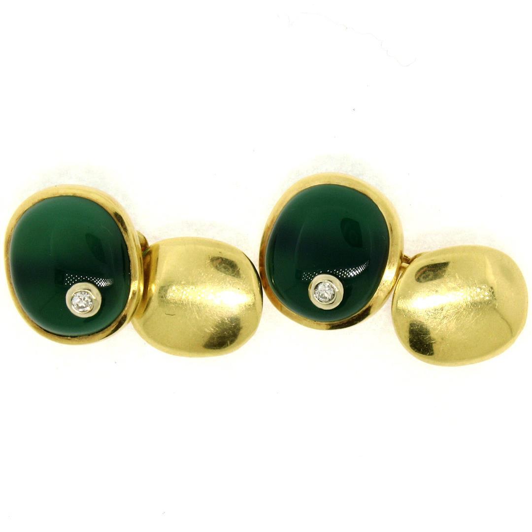 Manfredi 18k Yellow Gold Cabochon Green Chrysoprase & Diamond Men's Cuff Links