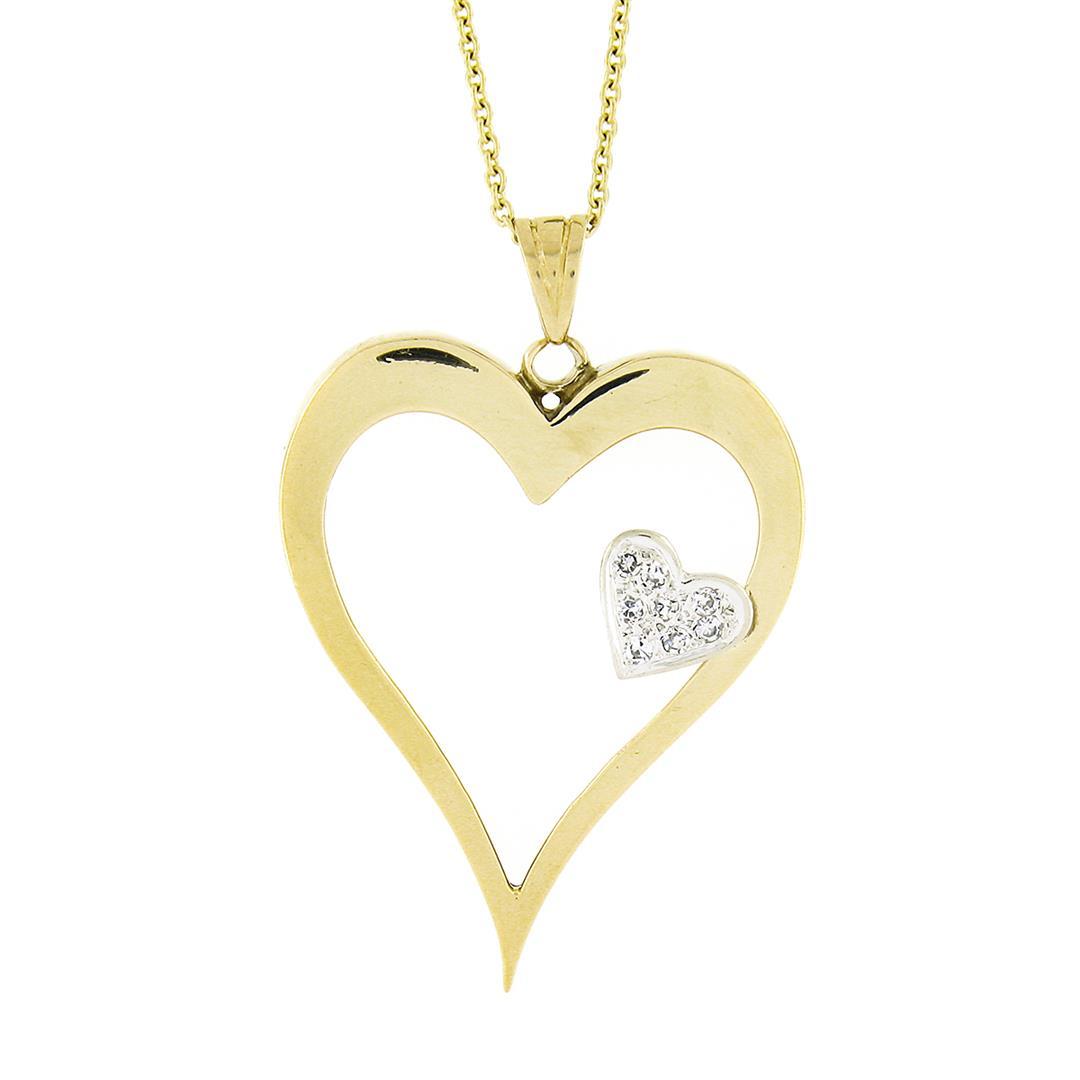 14k TT Gold Large Polished Open Heart w/ Diamond Heart Accent Pendant & Chain