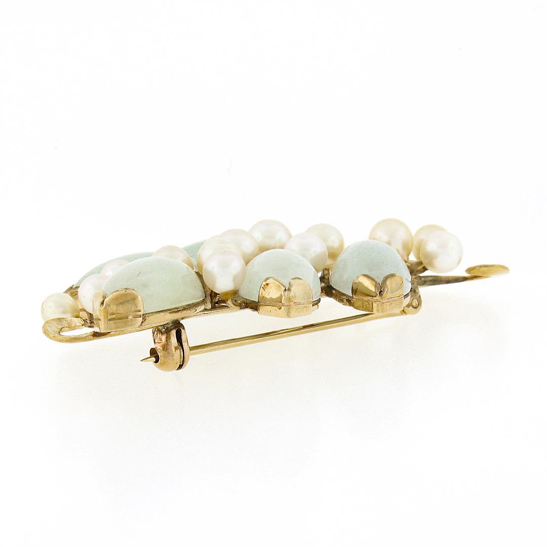 Ming's 14K Gold Marquise Cabochon Jade Cultured Pearl Branch Cluster Pin Brooch