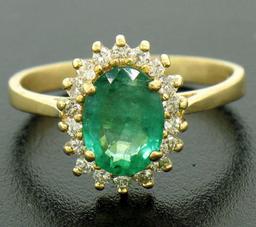 14k Yellow Gold 1.59 ctw FINE Oval Emerald Solitaire & Round Diamond Halo Ring