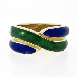 Vintage Solid 18K Yellow Gold Blue & Green Enamel Wide Intertwined Band Ring