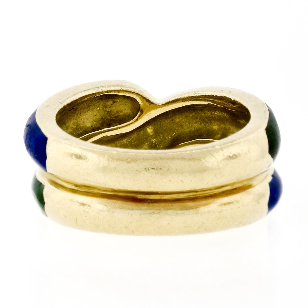 Vintage Solid 18K Yellow Gold Blue & Green Enamel Wide Intertwined Band Ring