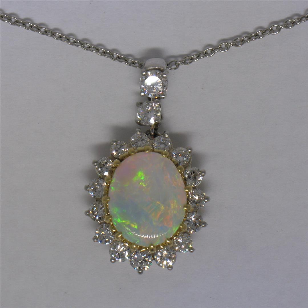 Solid Platinum 18K Yellow Gold 3.69 ctw Oval Opal & Diamond Halo Pendant Necklac