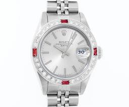 Rolex Ladies Quickset Stainless Steel 18K White Gold Diamond & Ruby Bezel Silver