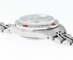 Rolex Ladies Quickset Stainless Steel 18K White Gold Diamond & Ruby Bezel Silver