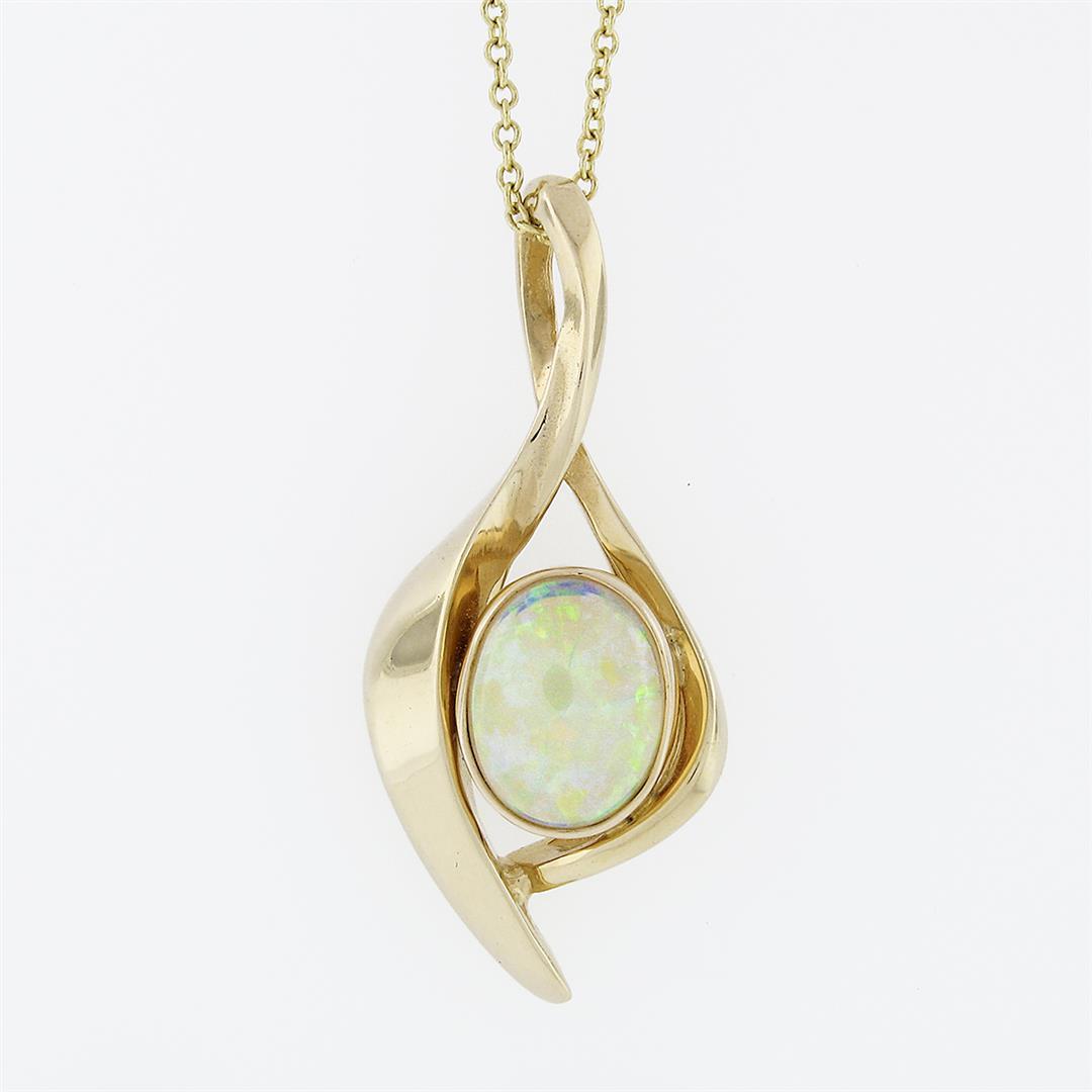 Estate 14k Gold Oval Cabochon Bezel Australian Opal Solitaire Pendant Necklace