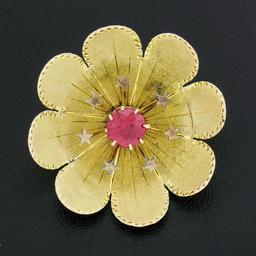 Antique Victorian 14k Gold GIA Lab Grown Old Round Ruby Flower Star Pin Brooch