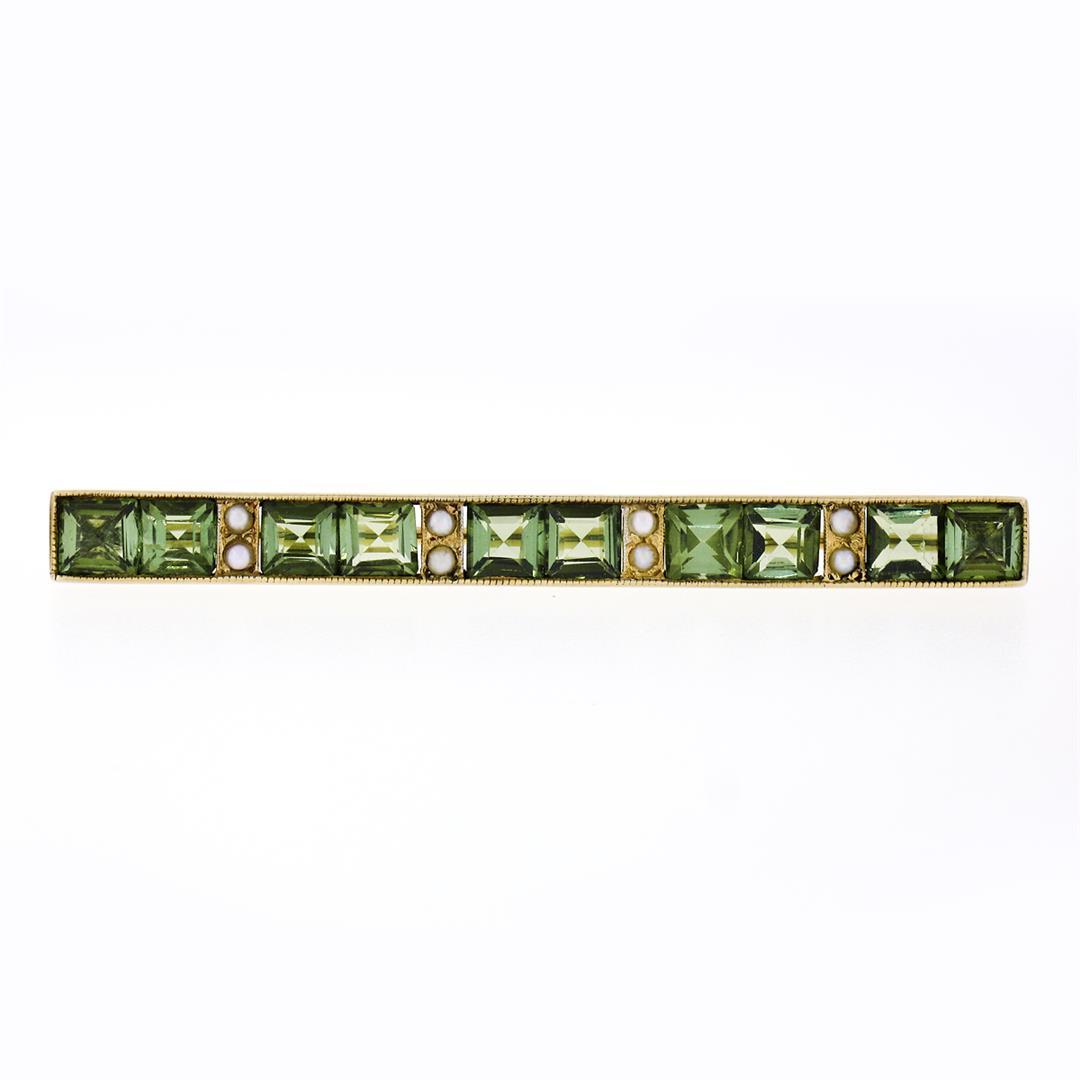 Antique Victorian 14K Yellow Gold Green Tourmaline Pearl Milgrain Bar Brooch Pin