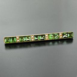 Antique Victorian 14K Yellow Gold Green Tourmaline Pearl Milgrain Bar Brooch Pin