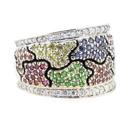 1.64 ctw Multi-colored Gemstone and Diamond Wide Band - 18KT Yellow And White Go