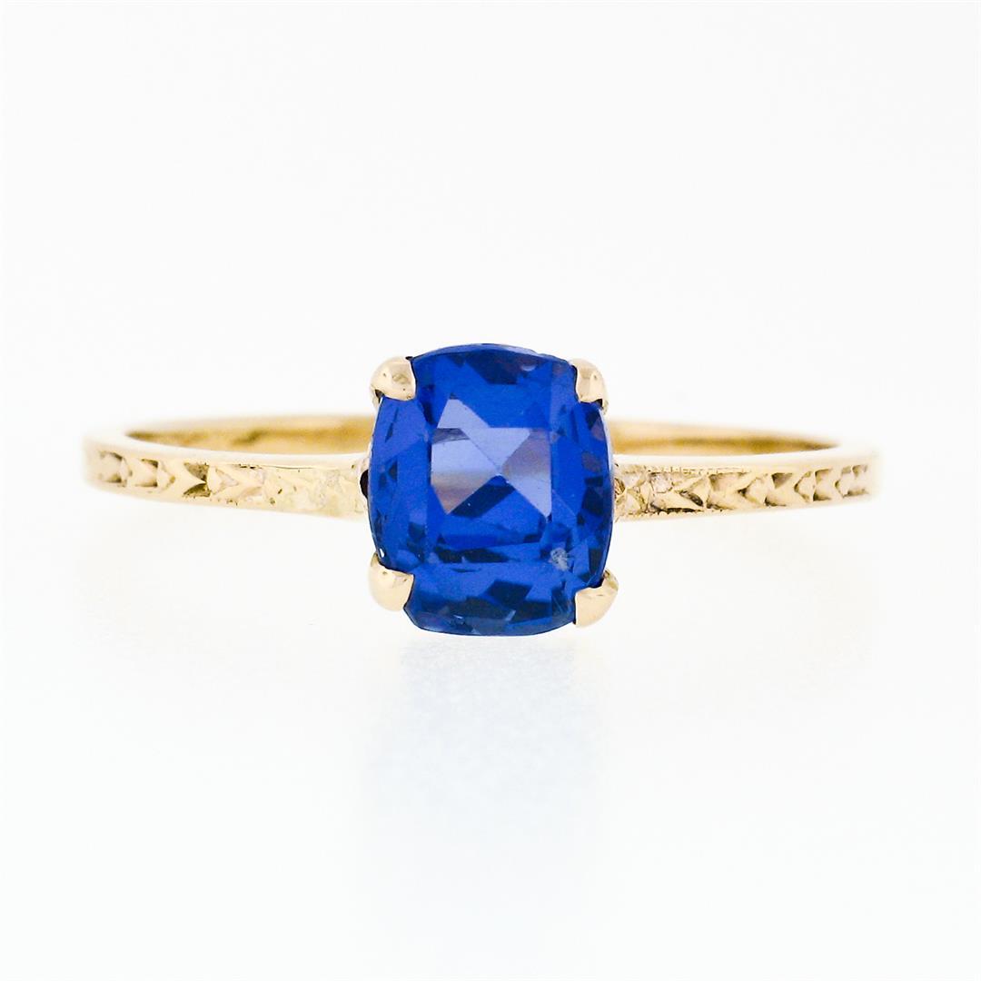 Antique 14k Gold GIA 1.95 ctw NO HEAT Cushion Blue Ceylon Sapphire Solitaire Rin