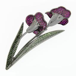 Vintage 18k Black Gold Large Tsavorite Garnet Ruby Diamond Calla Lily Brooch Pin