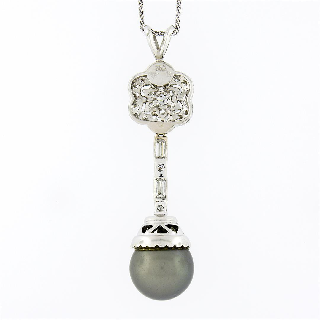 18k White Gold 1.84 ctw Diamond Flower Cluster Tahitian Pearl Drop Dangle Pendan