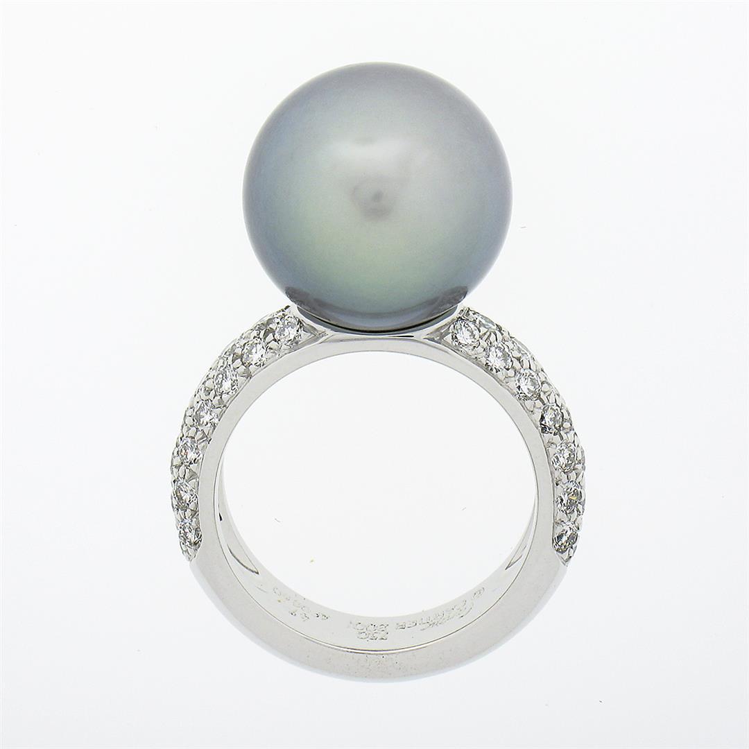 Cartier 18k White Gold 12.75mm Tahitian Gray Pearl .85 ctw Round Pave Diamond Ri