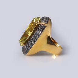 18k Yellow Gold Lemon Quartz & Black Diamond Cocktail Ring by Carlo Rici