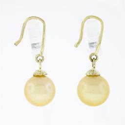 Vintage 14K Yellow Gold Round Cultured Pearl Solitaire Drop Dangle Earrings