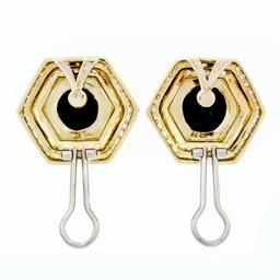 Vintage Large 18k Gold Black Onyx Intaglio .75 ctw Round Diamond Hexagon Earring