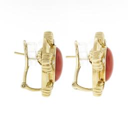 18k Gold GIA Cert. Oval Cabochon Coral & Round Diamond Omega or Clip On Earrings