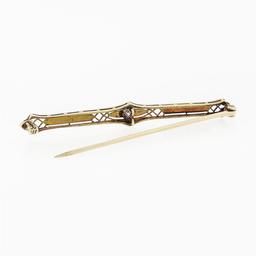 Antique Krementz Edwardian Platinum Top 14k Gold Diamond Etched Bar Pin Brooch