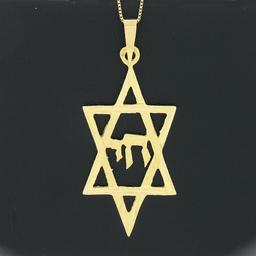 14K Gold Reversible Large Dual Finish Star of David Chai Center Pendant Necklace