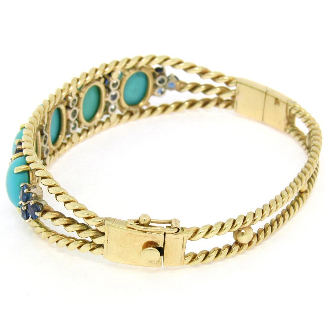 Vintage 14K Yellow Gold Sapphire & Turquoise Twisted Wire Open Bangle Bracelet