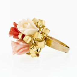 Vintage 14K Yellow Gold Carved Coral Rose Flower Bouquet Ribbon Cocktail Ring