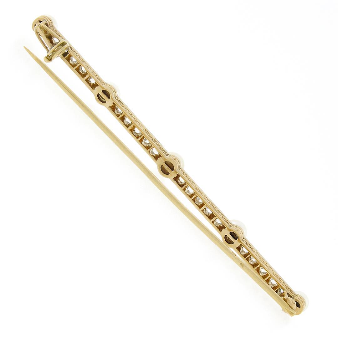 Antique Edwardian French 18k Gold & Platinum 0.80 ctw Diamond Pearl Bar Pin Broo