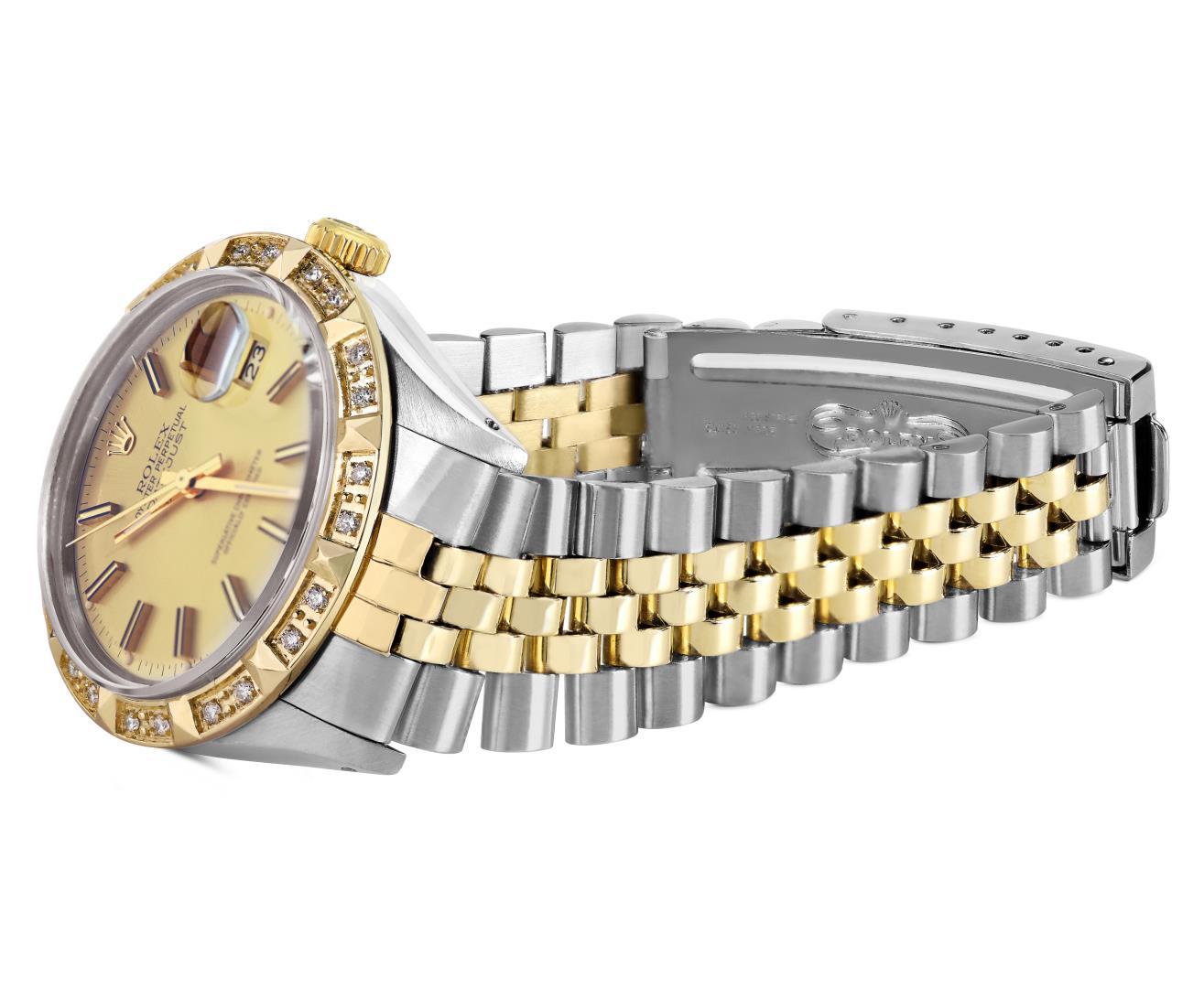 Rolex Mens 2 Tone Champagne Index Pyramid Diamond Bezel Datejust Wristwatch With