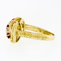 18k Yellow Gold 0.50 ctw Prong Round Diamond & Ruby Braided Loop Knot Band Ring