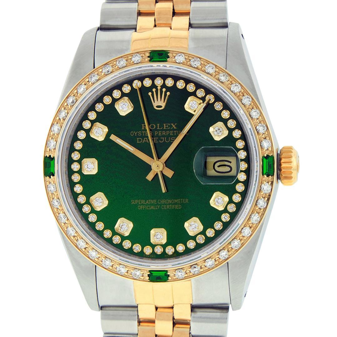 Rolex Mens Two Tone And Stainless Steel Green String And Emerald Datejust Wristw