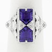 14K White Gold 1.80 ctw Amethyst & Diamond Filigree Etched Milgrain Platter Ring