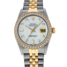 Rolex Mens 2 Tone White Dial Diamond Bezel 36MM Datejust Wristwatch