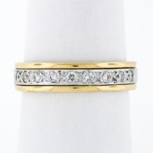 Estate Men's 14K Two Tone Gold 0.25 ctw Round Pave Set Diamond Wide Band Ring