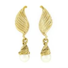 14K Yellow Gold Grooved Textured Wing Feather White Pearl Drop Dangle Earrings