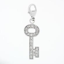 14K White Gold .66 ctw Diamond Long Lock Key Dangle Charm Pendant w/ Lobster Cla