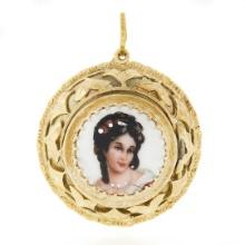 Vintage Limoges French 14k Gold Hand Painted Portrait Open Work Locket Pendant