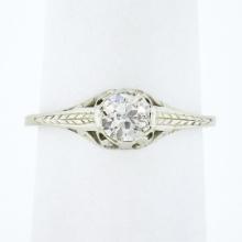 Antique 14k Gold 0.54 ctw GIA European Diamond Solitaire Filigree Engagement Rin