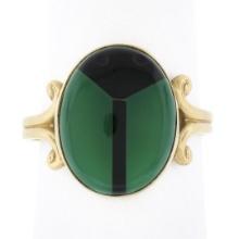 Vintage 14K Gold Oval Bezel Inlaid Chrysoprase & Black Onyx Scarab Beetle Ring