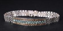 18K White Gold Cognac Diamond & Greenish Blue Sapphire ID Bracelet by Carlo Rici