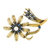 Vintage 14k Yellow Gold 1.20 ctw Sapphire & Pearl Detailed Flower Leaf Pin Brooc