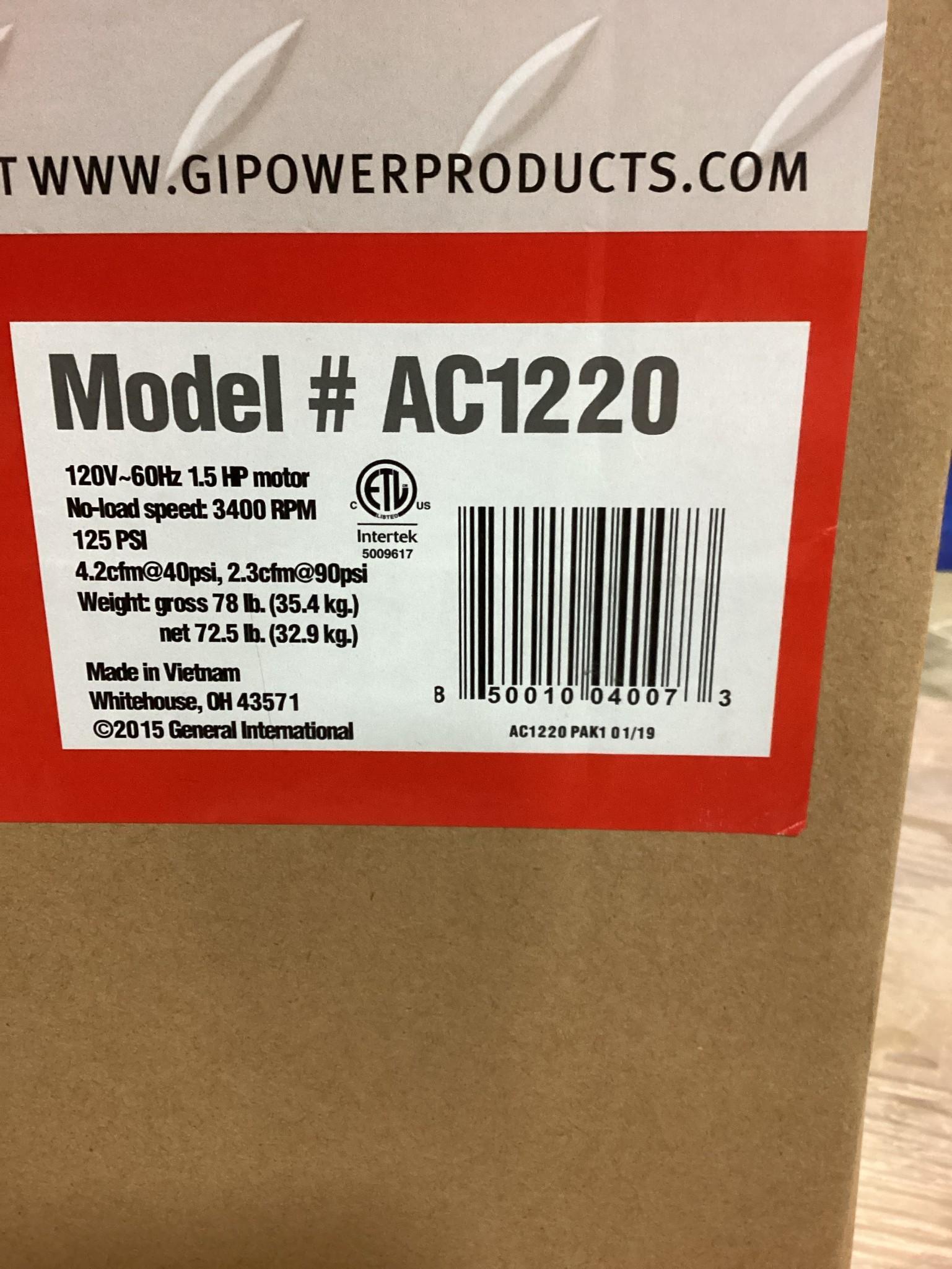 New Unused General Model AC1220 Air Compressor, 20 Gallon Tank