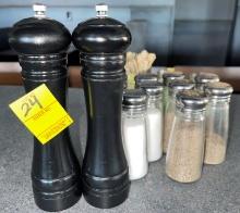 LOT OF ASSORTED PEPPER GRINDERS, SALT & PEPPER SHACKERS AND SUGAR JARS