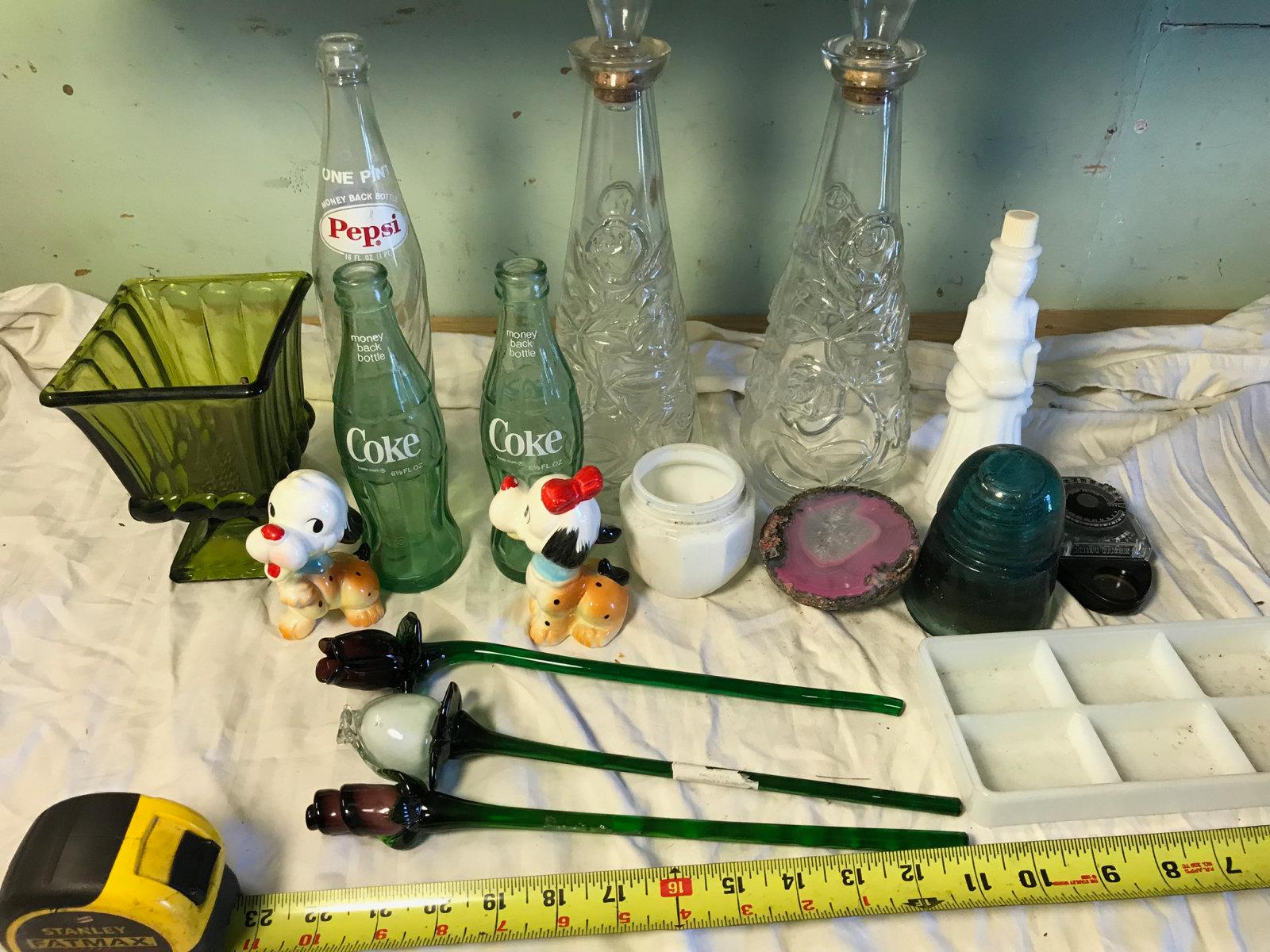 Decorative glassware, milk-glass, and bottles.