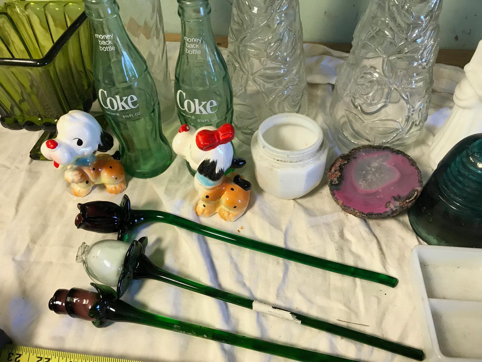 Decorative glassware, milk-glass, and bottles.