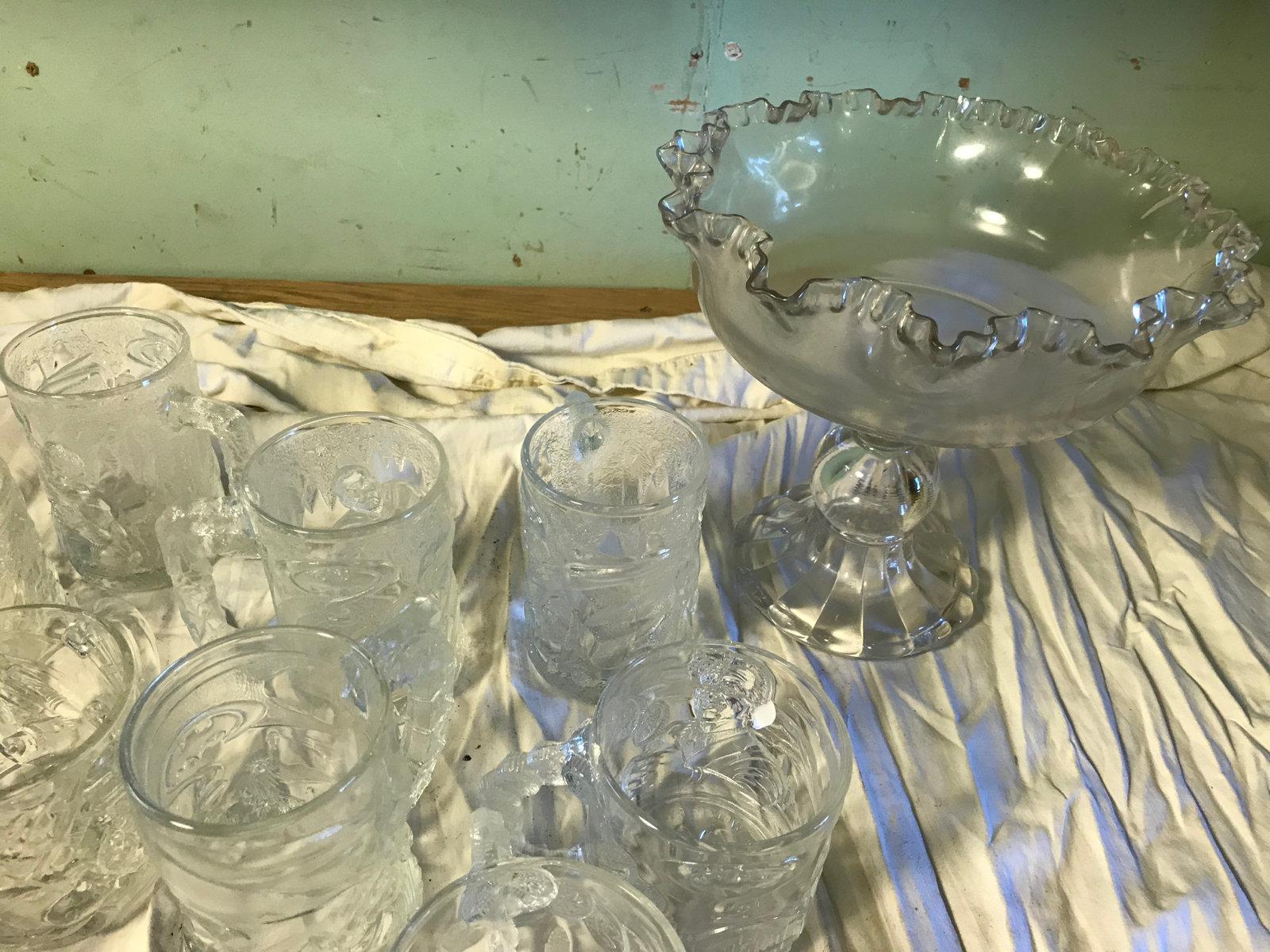 McDonaldâ€™s Glass Mugs and an unpainted unmarked Fenton Glass Compote