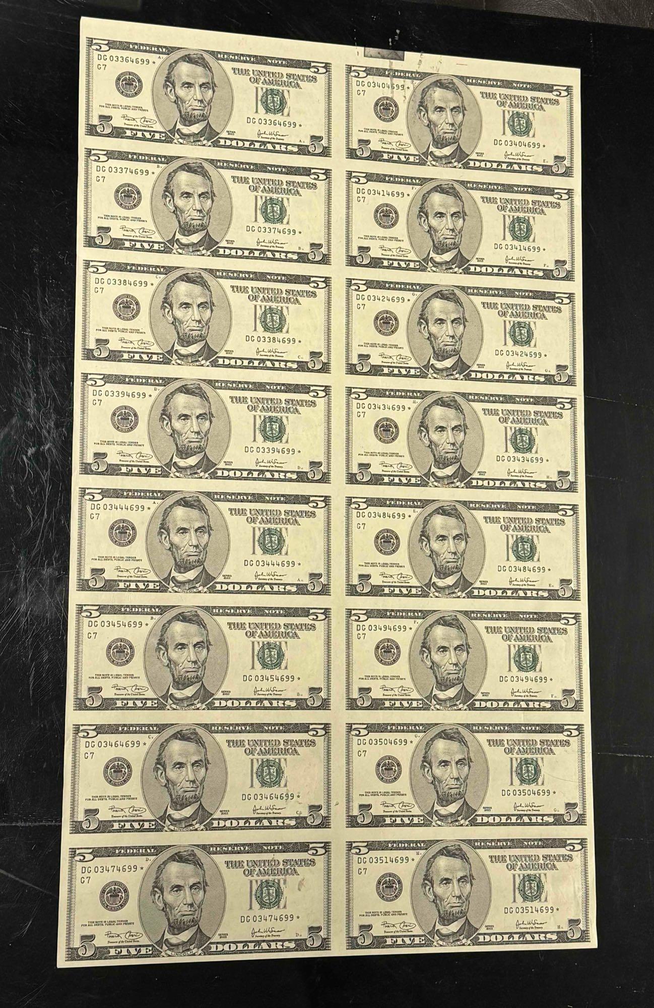 Uncut Sheet of 5 Dollar Bills 16 count Series 2003 Face Value $80