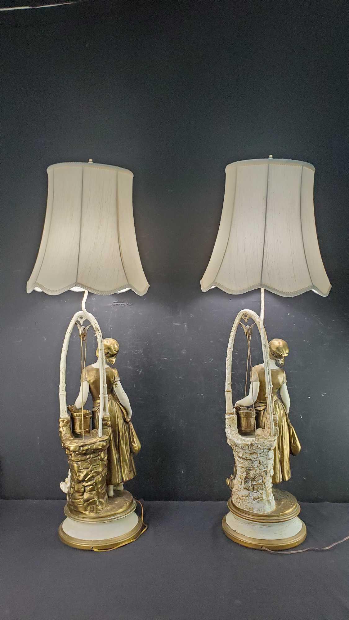 PAIR OF VINTAGE FRENCH STYLE JB HIRSCH FIGURAL CAST METAL MAIDEN TABLE LAMPS WITH LAMPSHADES