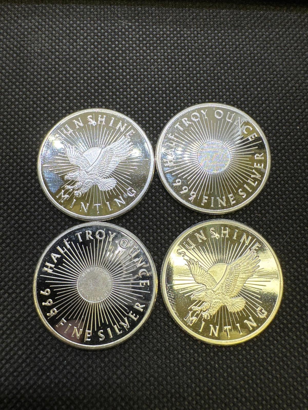 4x 1/2 Troy Oz Fine Silver Sunshine Minting Silver Bullion Coins 2 Oz Total Weight