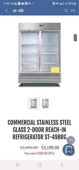 COMMERCIAL STAINLESS STEEL GLASS 2-DOOR REACH-IN REFRIGERATOR ST-49BRG NIB