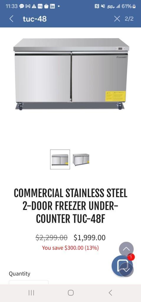 COMMERCIAL STAINLESS STEEL 2-DOOR FREEZER UNDER-COUNTER TUC-48F NIB